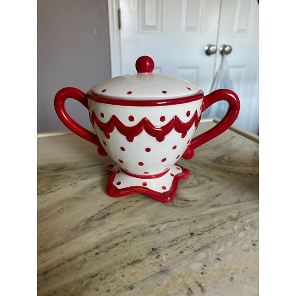 Rare Magenta (Early Rae Dunn) Red and White Sugar Bowl with Handles and Lid - Picture 1 of 9